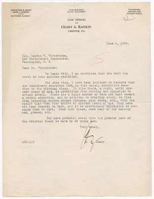 Letter from Alexander B. Geary to the Honorable George W. Wickersham Suggesting that Compulsory School Laws Contribute to Boys Becoming Criminals