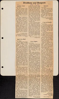 Newspaper clipping of letters in Minuteman, July 9, 1964
