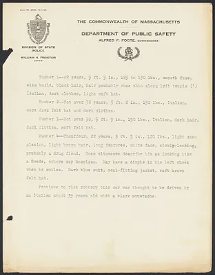 Sacco-Vanzetti Case Records, 1920-1928. Prosecution Papers. Mass. Dept. of Public Safety Typewritten notes re: suspects, n.d. Box 27, Folder 17, Harvard Law School Library, Historical & Special Collections