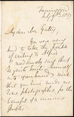 Emily Tennyson autograph letter signed to Mr. Gatty, Farringford, [Isle of Wight], 9 July 1859