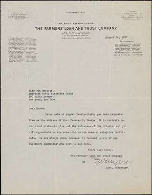 Francis W. Myers (The Farmers' Loan and Trust Company) typed note signed to Ida Epstein (American Civil Liberties Union), New York, N. Y., August 26, 1927