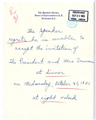 Invitation Reply from Speaker of the House Sam Rayburn to the White House Social Office