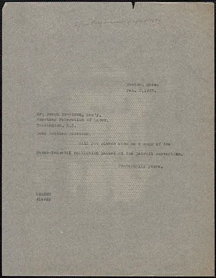 Mary Donovan typed note (copy) to Frank Morrison, Boston, Mass., February 3, 1927