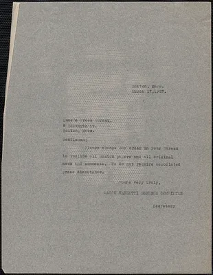 Joseph Moro (Sacco-Vanzetti Defense Committee) typed note (copy) to Luce's Press Bureau, Boston, Mass., March 17, 1927