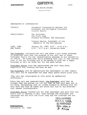 Telephone Conversation Between the President and Philippine President Corazon Aquino, January 24, 1989