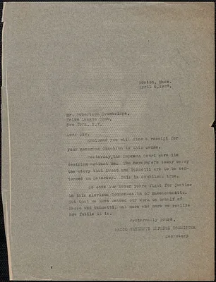 Sacco-Vanzetti Defense Committee typed letter (copy) to Robertson Trowbridge, Boston, Mass., April 6, 1927