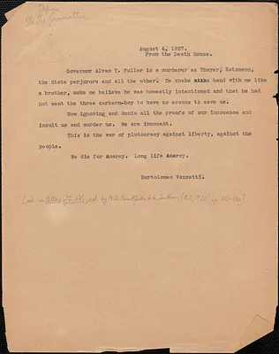 Bartolomeo Vanzetti typed note (copy) to Sacco-Vanzetti Defense Committee, Death House [Charlestown, Mass.], August 4, 1927