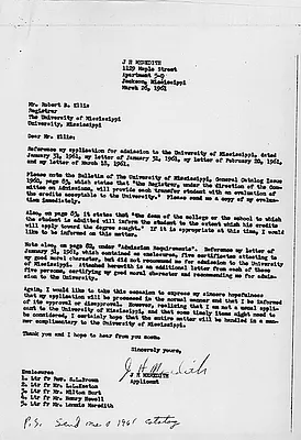 Letter from James Meredith to the Registrar at the University of Mississippi, 26 March 1961