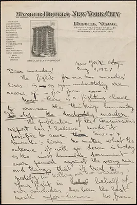 S. Marcus autograph letter signed to Sacco-Vanzetti Defense Committee, New York, N.Y., August 11, 1927