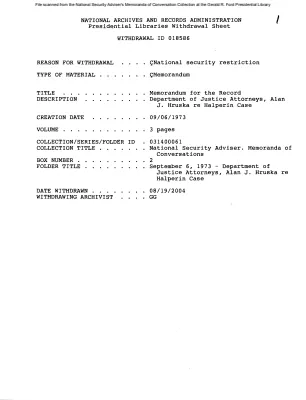 September 6, 1973 - Department of Justice Attorneys, Alan J. Hruska re Halperin Case