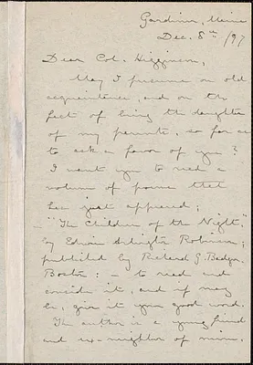 Laura Elizabeth Howe Richards autograph letter signed to Thomas Wentworth Higginson, Gardiner, Maine, 8 December 1897