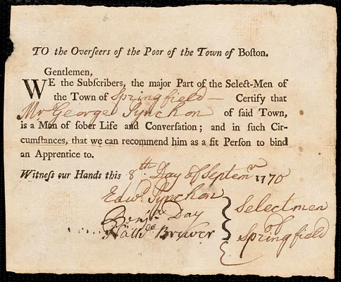 Lydia Rhodes indentured to apprentice with George Pynchon of Springfield, 19 July 1770