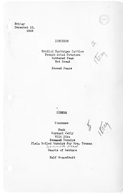 White House Luncheon and Dinner Menu