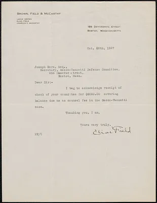 Elias Field typed note signed to Joseph Moro, Boston, Mass., October 20, 1927