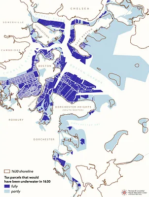 Tax parcels that would have been underwater in 1630
