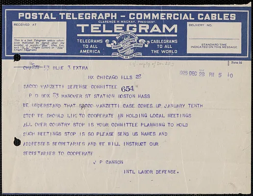 James P. Cannon (International Labor Defense) telegram to Sacco-Vanzetti Defense Committee, Chicago, Ill., December 28, 1925