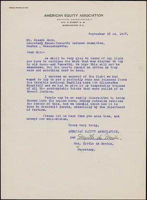 Myrtle de Montis (American Equity Association) typed letter signed to Joseph Moro, Washington, D. C., September 23, 1927