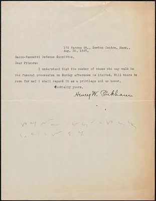 Henry W. Pinkham typed note signed to Sacco-Vanzetti Defense Committee, Newton Centre, Mass., August 26, 1927