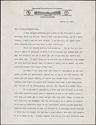 Doubleday, Frank Nelson, 1862-1934 typed letter signed to Hugo Münsterberg, Garden City, N. Y., 2 October 1913