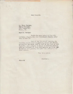 Letters Sent to Frank Hartman, June 5, 1929