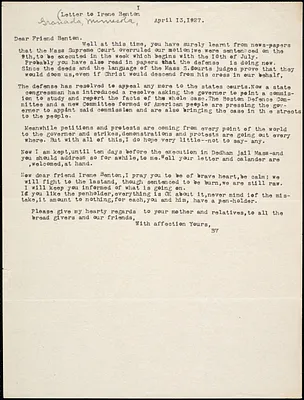 Bartolomeo Vanzetti typed letter (copy) to Irene Benton, [Dedham], 13 April 1927