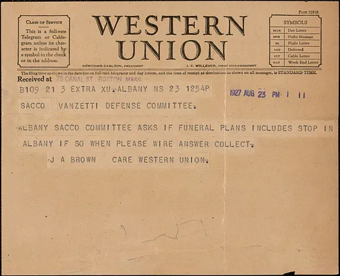 J. A. Brown telegram to Sacco-Vanzetti Defense Committee, Albany, N. Y., August 23, 1927