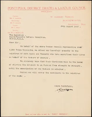 W. J. Morgan (Pontypool District Trades & Labor Council) typed letter signed to [Gardner Jackson], Pontpool, Wales, August 24, 1927
