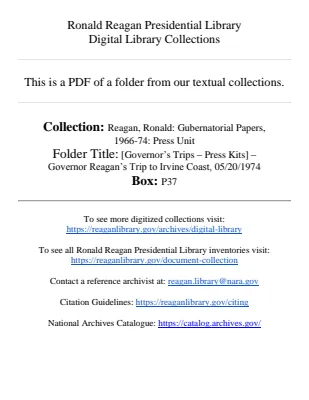 [Governoräó»s Trips - Press Kits] - Governor Reaganäó»s Trip to Irvine Coast, 05/20/1974
