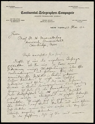 Klaessig, Emil, fl. 1910 autograph letter signed to Hugo Münsterberg, New York, 23 May 1910