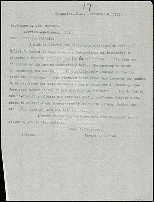 Warren, Howard C. typed letter (copy) to typed letter (copy) to J.Mc. K. Cattell, Princeton, N.J., 8 December 1903