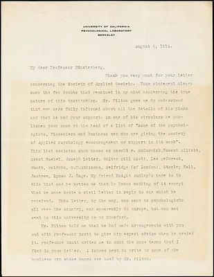 Brown, Warren, 1882-1951 typed letter signed to Hugo Münsterberg, Berkeley, Cal., 04 August 1914
