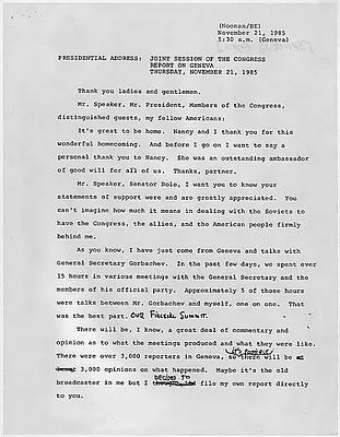 Presidential Address: Joint Session of the Congress: Report on Geneva: Thursday, November 21, 1985 [Draft with edits by Ronald Reagan]