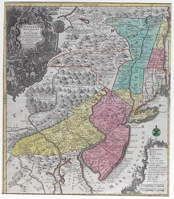 Pennsylvania, Nova Jersey, et Nova York cum regionibus ad Fluvium Delaware in America sitis