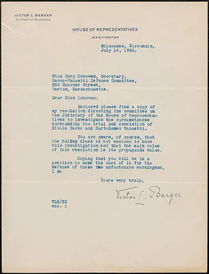Victor L. Berger typed letter signed to Mary Donovan, Milwaukee, Wis., July 14, 1926