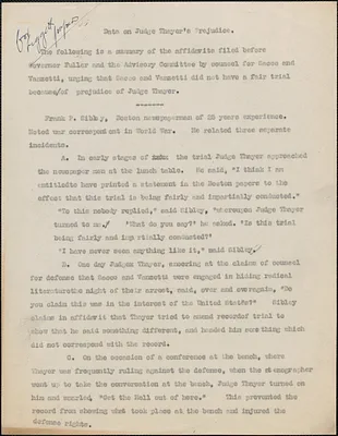 Typescript, [August 1927?]: Data on Judge Thayer's prejudice