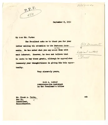 Letter from Frank A. Parks to President Harry S. Truman with a Reply from Rose Conway