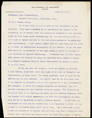 Jastrow, Joseph, 1863-1944 typed letter signed to Hugo Münsterberg, Madison, Wis., 2 March 1912