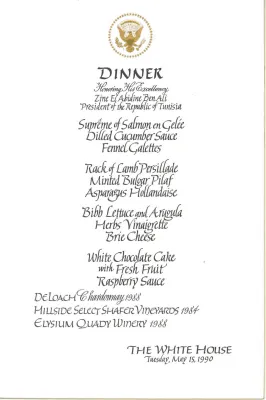 Cards-Menus, Dinner, Honoring His Excellency Zine El Abidine Ben Ali President of the Republic of Tunisia, The White House, May 15, 1990