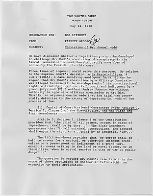 Memo, Subject: Conviction of Dr. Samuel Mudd