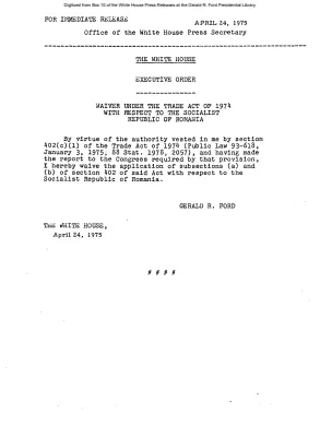Waiver under the Trade Act of 1974 with Respect to the Socialist Republic of Romania [Executive Order]