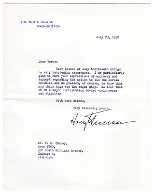 Letter from Harry S. Truman to Verne E. Chaney