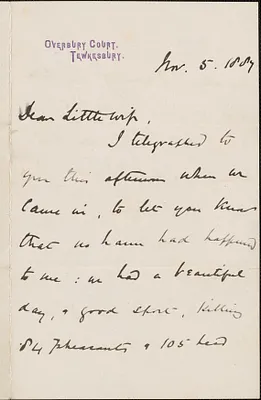 [John Biddulph Martin] autograph note to [Victoria Woodhull Martin], Tewkesbury, [England], November 5, 1887