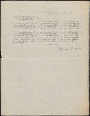 David Burgess typed letter signed to Sacco-Vanzetti Defense Committee, Tacoma, Wash., December 5, 1927