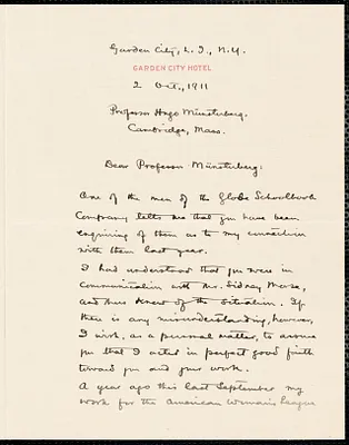 Merwin, Bannister autograph letter signed to Hugo Münsterberg, Garden City, N.Y., 02 October 1911
