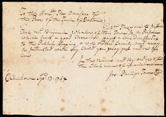 Abiah Basom indentured to apprentice with Benjamin Wheeler of Charlestown, 3 November 1742