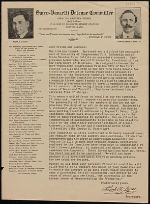 Frank R. Lopez (Sacco-Vanzetti Defense Committee) typed letter signed (circular) to Dear Friend and comrade, Boston, Mass., [1923?]