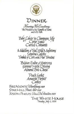Cards-Menus, Dinner, Honoring His Excellency The President of the Republic of Korea and Mrs. Roh, The White House, July 2, 1991