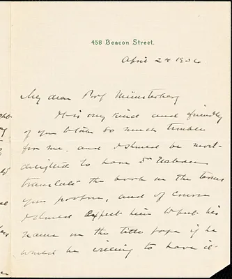 Prince, Morton, 1854-1929 autograph letter signed to Hugo Münsterberg, Boston, 24 April 1906