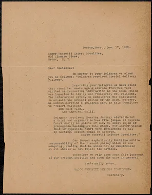 Sacco-Vanzetti Defense Committee typed letter (copy) to Luchkowsky, Boston, Mass., December 17, 1925