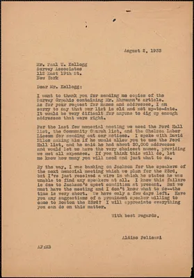 Aldino Felicani typed letter (copy) to Paul U. Kellogg (Survey Associates), [Boston, Mass.], August 2, 1933